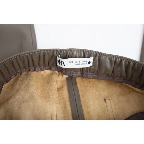 Zara Womens Faux Leather The Weekend Pants S Brown Green 4369/265 NWOT - Picture 7 of 7